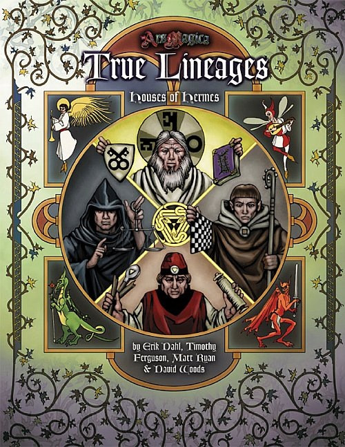 Ars Magica Houses of Hermes True Lineages PDF digital cover features a medieval-style illustration with golden accents, mystical symbols, and creatures on a green and purple gradient background in a circular design.