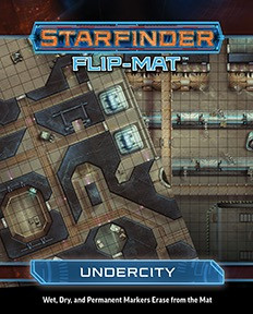 Starfinder Flip-Mat: Undercity PDF. Two overlayed maps, one depicting corridors and machinery underground, and the other depicting a futuristic manufacturing plant.
