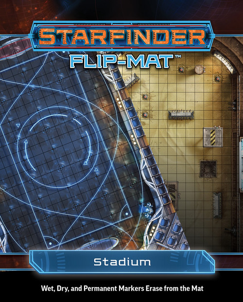 Starfinder Flip-Mat: Stadium. Two overlayed maps, one depicting a futuristic stadium with glowing lines making up the court, and the other featuring a sandy arena.