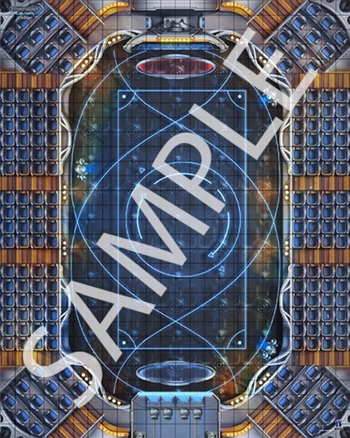 Starfinder Flip-Mat: Stadium. Sample view of a map featuring a futuristic sports stadium with glowing lines making up the court.
