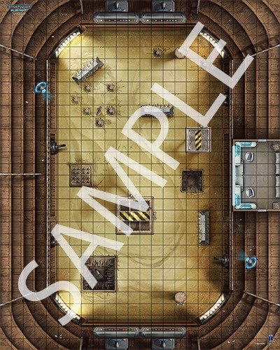 Starfinder Flip-Mat: Stadium PDF. Sample view of a map featuring a sandy, gladiatorial-style arena.