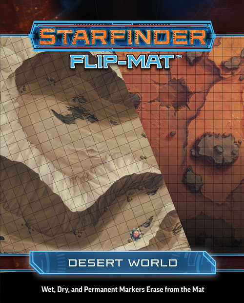 Starfinder Flip-Mat: Desert World PDF. Two overlayed maps, one depicting a sandy landscape with enormous dunes, and the other featuring a red, rocky landscape.