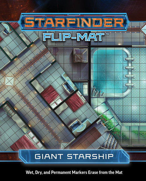 Starfinder Flip-Mat: Giant Starship. Two overlayed maps, each showing different areas in a spaceship with extra-large fixtures. 
