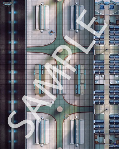 Starfinder Flip-Mat: Transport Hub PDF. Sample view of a map featuring a futuristic grav-train terminal.