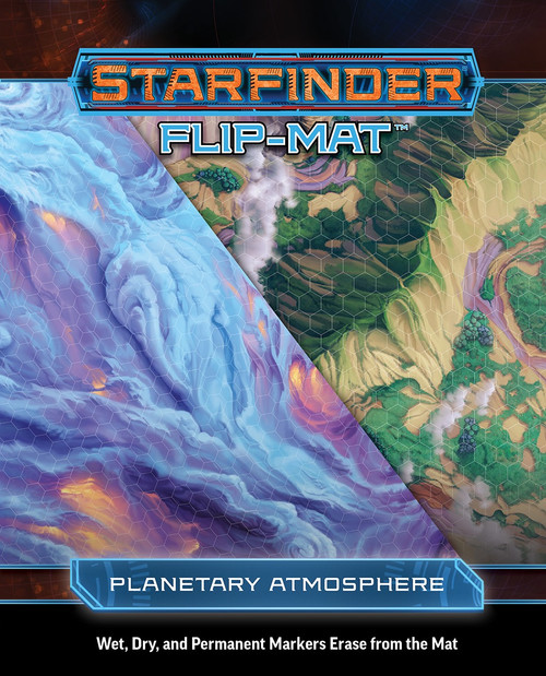 Starfinder Flip-Mat: Planetary Atmosphere PDF. Two overlayed maps, one featuring a colorful, turbulent gas giant atmosphere, and the other depicting an alien mountain ridge.