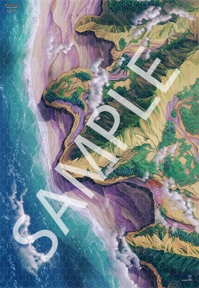 Starfinder Flip-Mat: Planetary Atmosphere PDF. Sample view of a map featuring a dynamic alien coastline, with mountains and cliffs.