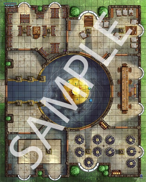 Starfinder Flip-Mat: Solar Temple. Sample view of a map featuring an ancient temple complex with a golden model of the solar system at the center.