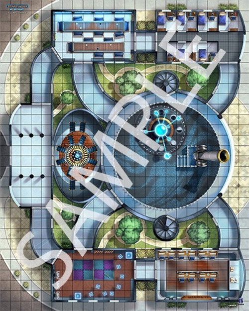 Starfinder Flip-Mat: Solar Temple. Sample view of a map featuring a futuristic temple complex with a glowing blue model of the solar system at the center.