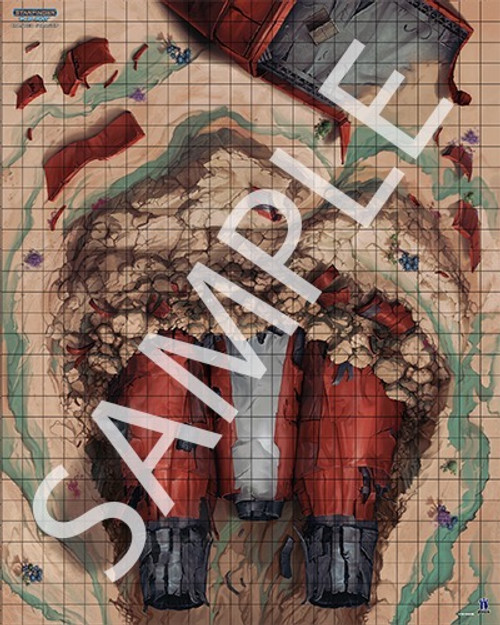 Starfinder Flip-Mat: Crashed Starship. Sample view of a map featuring a crashed spaceship partially buried in the ground from the impact. 