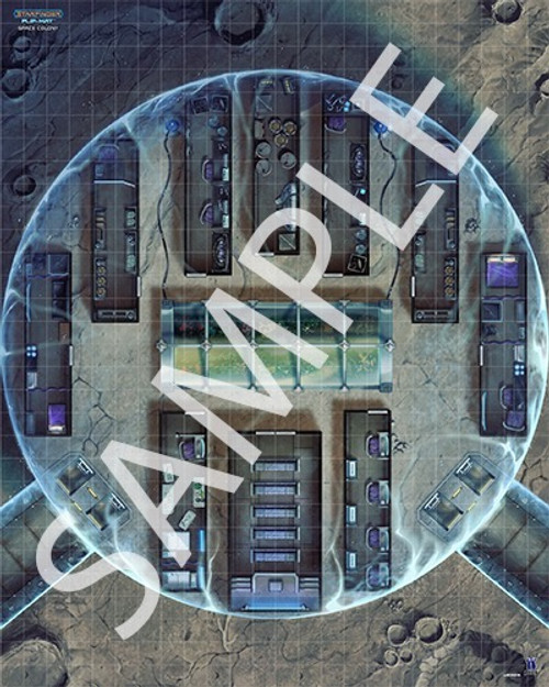 Starfinder Flip-Mat: Space Colony. Sample view of a map featuring a rocky terrain with narrow colony buildings surrounded by a forcefield. 