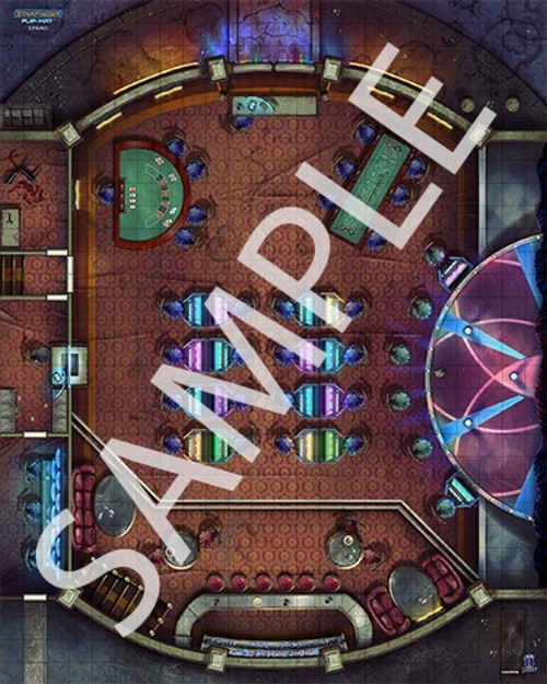 Starfinder Flip-Mat: Casino. Sample view of a map featuring a colorful casino space, with game tables and a bar.