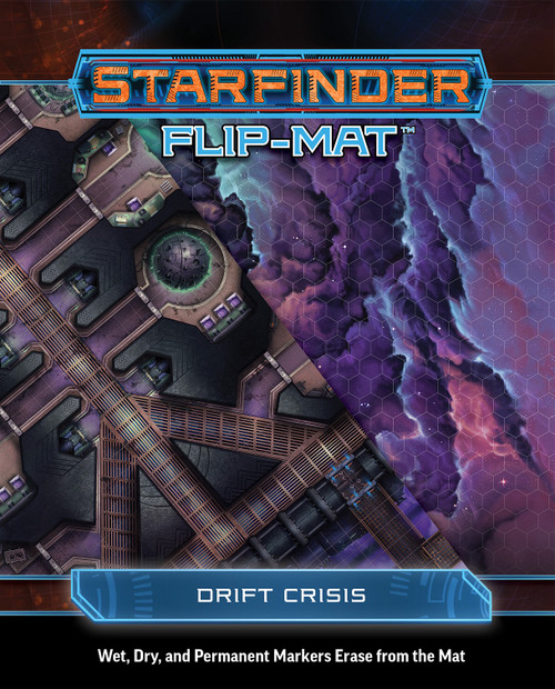 Starfinder Flip-Mat: Drift Crisis PDF. Two overlayed maps, one with a high-tech industrial complex, and the other featuring the magical fabric of the Drift in purple and electric blue.