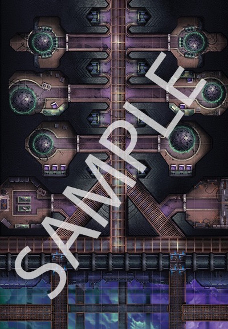Starfinder Flip-Mat: Drift Crisis PDF. Sample view of a map featuring a high-tech industrial complex looking out over the Drift.