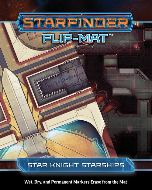 Starfinder Flip-Mat: Star Knight Starships PDF. Two overlayed maps, one with a bright and welcoming spaceship interior, and the other a spaceship interior that’s dark and lit by red glowing lights.