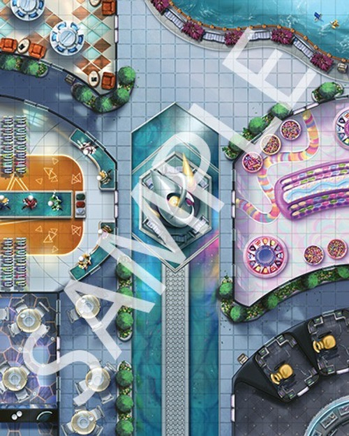 Starfinder Flip-Mat: Space Station Promenade PDF. Sample view of a map featuring a colorful space station public square and various businesses.