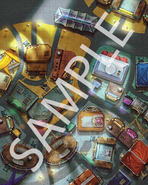 Starfinder Flip-Mat: Space Station Promenade PDF. Sample view of a map featuring a busy array of business and public spaces on a space station.