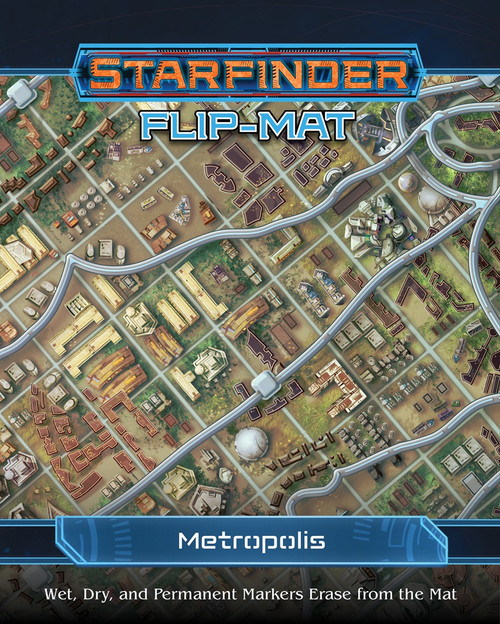 Starfinder Flip-Mat: Metropolis. A map illustration of futuristic city blocks seen from above.