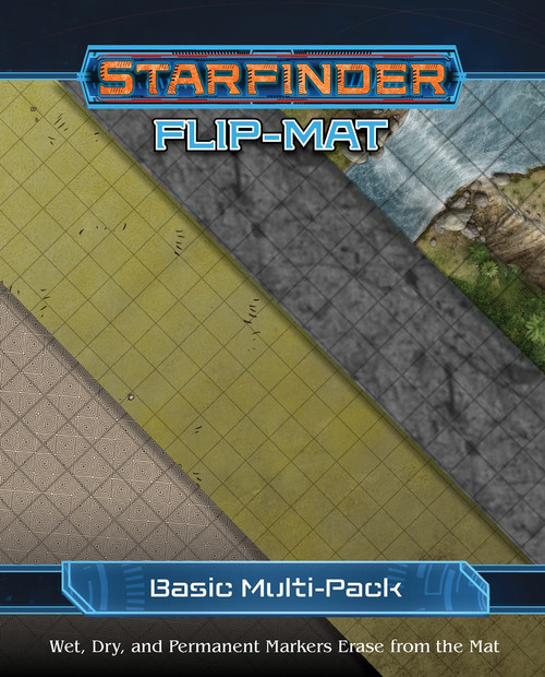 Starfinder Flip-Mat: Basic Terrain Multi-Pack PDF. Four overlayed maps featuring basic terrain varieties: rock, dirt, grass, and a waterfall.