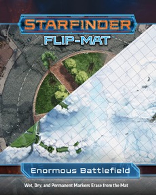 Starfinder Flip-Mat: Enormous Battlefield PDF. Two overlayed maps, one depicting a city in turmoil with cracked pavement, and the other a snowy tundra scene. 