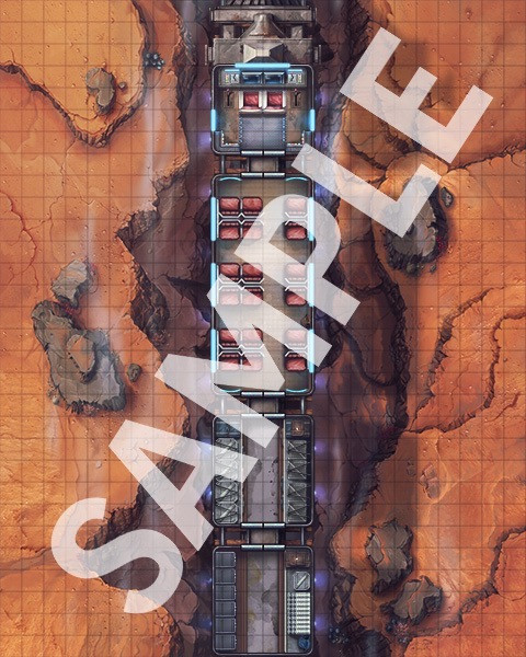 Starfinder Flip-Mat: Grav Trains. Sample view of the map featuring a futuristic train passing through a craggy canyon.