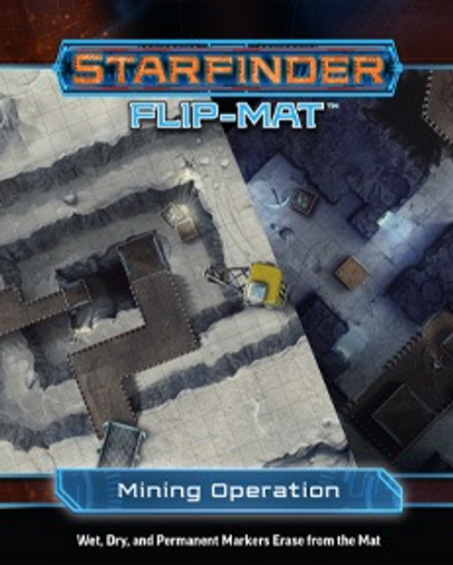 Starfinder Flip-Mat: Mining Operation PDF. Two overlayed maps, one with a daylight view of a mine shaft entrance, and the other a dimly lit mine interior.