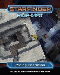 Starfinder Flip-Mat: Mining Operation PDF. Two overlayed maps, one with a daylight view of a mine shaft entrance, and the other a dimly lit mine interior.