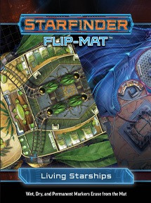 Starfinder Flip-Mat: Living Starships. Two overlayed maps, one with an organic-looking spaceship in greens and browns with plants growing. The other is a spaceship with blue hues and curving walls.