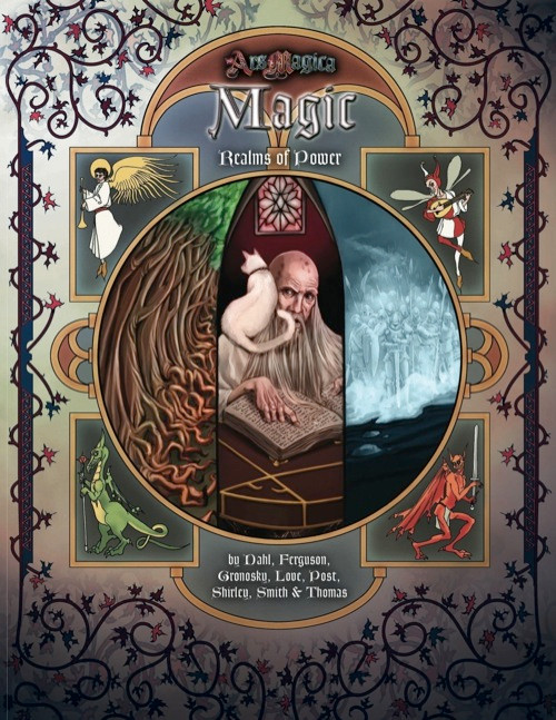 Realms of Power: Magic PDF cover featuring a fantasy illustration of a wizard, creatures, and decorative elements, measuring  [size] inches, published by [brand], with colorful, intricate designs and text displaying title and authors.
