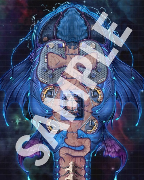 Starfinder Flip-Mat: Living Starships PDF.  Sample view of the map featuring a fish-themed spaceship with glowing, elegant blue fins.