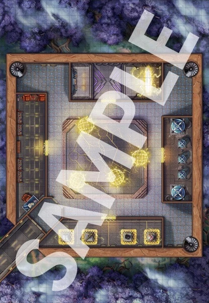 Starfinder Flip-Mat: Data Center.  Sample view of the map featuring a mystical workspace with yellow mystical energy emitting from different mechanisms. 