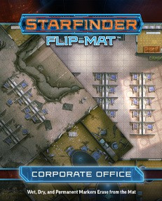 Starfinder Flip-Mat: Corporate Office. Two overlayed maps, one with an office space full of cubicles, and one of the same space crumbling and in disarray. 