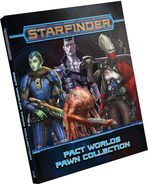 Starfinder Pact Worlds Pawn Collection; the product cover depicts a sampling of the creatures found inside, including the starfish-like aztrazoan, undead borai, and four-armed kasatha.