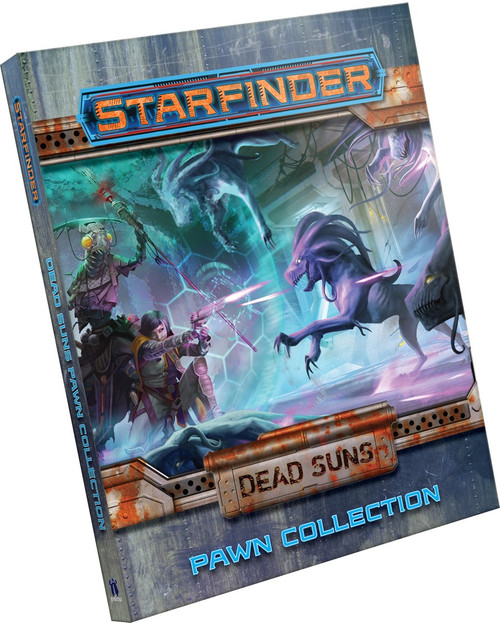  Starfinder Dead Suns Pawn Collection PDF; product cover depicts a human adventurer firing on a pack of advancing purple alien predator from behind the mystical shield erected by her insectile shirren companion in a tight, futuristic alleyway. 