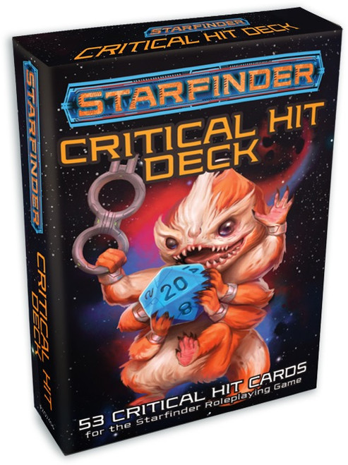 Starfinder Critical Hit Deck (Download); contains 53 critical hit cards for the Starfinder Roleplaying Game; product box depicts an orange skittermander, a fuzzy multi-armed alien with a broad toothy grin, holding a huge blue d20 in four of its six hands and a furusitic device in the fifth, looking ready and delighted to cause trouble. 