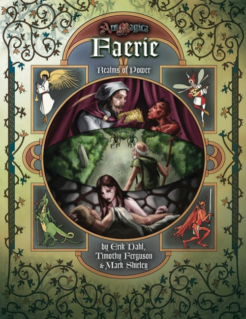 Fey fantasy novel Realms of Power: Faerie PDF cover, illustrated with Erik Dahl, Timothy Ferguson, and Mark Shirley, against an ornate background of magical creatures, 8x11 inches, in full color, with ornate border and fantasy theme elements.