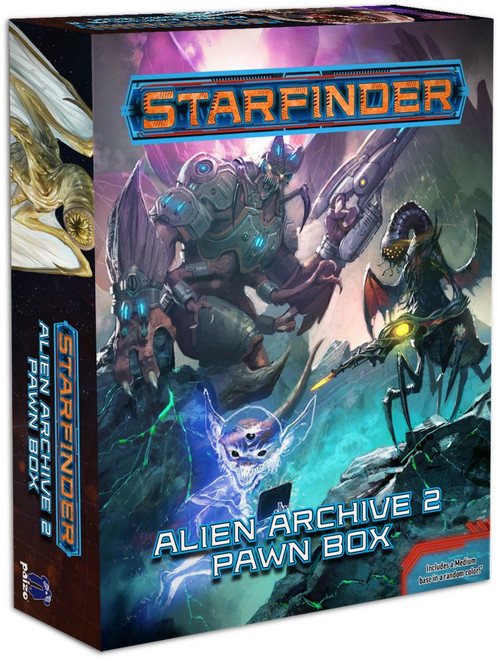 Starfinder Pawns: Alien Archive 2 Pawn Box PDF; product box depicts a sampling of the creatures found within, including a monstrous humanoid swarm creature, an mi-go armed with an alien weapon, and an electric glitch taking the vague form of a smiling goblin.  
