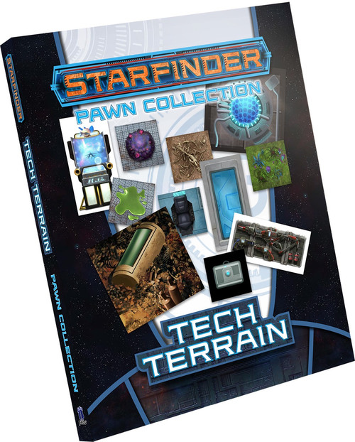 Starfinder Pawns: Tech Terrain Pawn Collection PDF; product cover depicts a number of the terrains, from mysterious technological gadgets lying abandoned on alien worlds to simple props of sci-fi gadgets to be added to any map. 