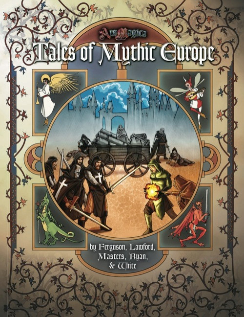 Tales of Mythic Europe PDF, a medieval-style fantasy scene with a dragon, castle, and ornate border, illustration by Ferguson, Lanford, Masters, Ryan, and White, featuring a medieval fantasy setting in PDF format.
