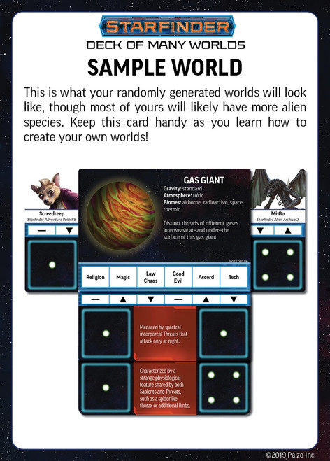 Starfinder Deck of Many Worlds; sample card depicting the layout of how four cards from the deck are put together to create a randomized world. Card text reads: SAMPLE WORLD. This is wht your randomly generated worlds will look like, though most of yours will likely have more alien species. Keep this card handy as you learn how to create your own worlds! 