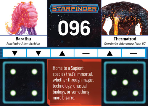 Starfinder Deck of Many Worlds; sample card depicting a floating jellyfish-like barathu as the sentient, and a humanoid lava-creature called a thermatrod as the creature, described as a home to a Sapient species that's immortal, whether through magic, technology, unusual biology, or something more bizarre. 