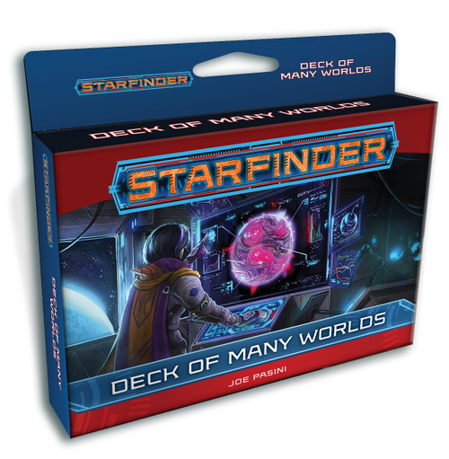 Starfinder Deck of Many Worlds (Download) by Joe Pasini; on the box, a human adventurer scans a mysterious alien planet from the safety of her starship in orbit. 