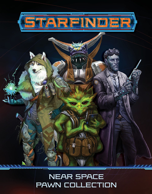 Starfinder Pawns: Near Space Pawn Collection PDF; product cover features a selection of the aliens found within, including the wolf-like vlaka, colorful multi-armed skittermander, and a lizard-like vesk in an elaborate decorative headdress. 