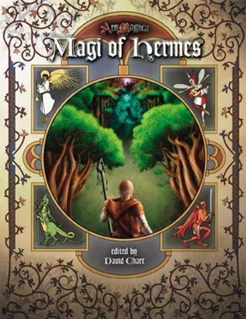 Magi of Hermes PDF book cover featuring a brown-clad man holding a spear, surrounded by an angel, lizard, rabbit, and red creature amidst natural scenery with ornate gold and brown design elements.