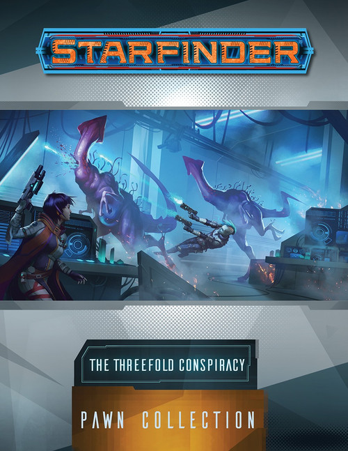 Starfinder Pawns: The Threefold Conspiracy Pawn Collection; cover depict a human adventurer crouched behind a destroyed bank of machinery for cover as her android companion leaps to one side, blasting a tall purple alien creature in the neck with his two hand-held blasters, while a second creature rushes in from the background to join the fight