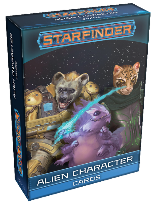 Starfinder Alien Character Deck; product box depicts a trio of alien characters, including the humanoid hyena kholo, the cat-like humanoid pahtra, and a colorful six-armed fuzzball called a skittermander. 