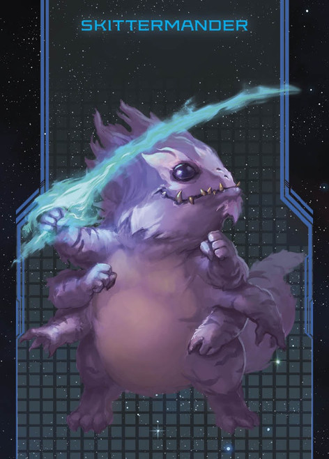 Starfinder Alien Character Deck; sample card depicting a fuzzy purple skittermander, an creature with bright-colored fur, skix arms, and wide mouths full of sharp teeth