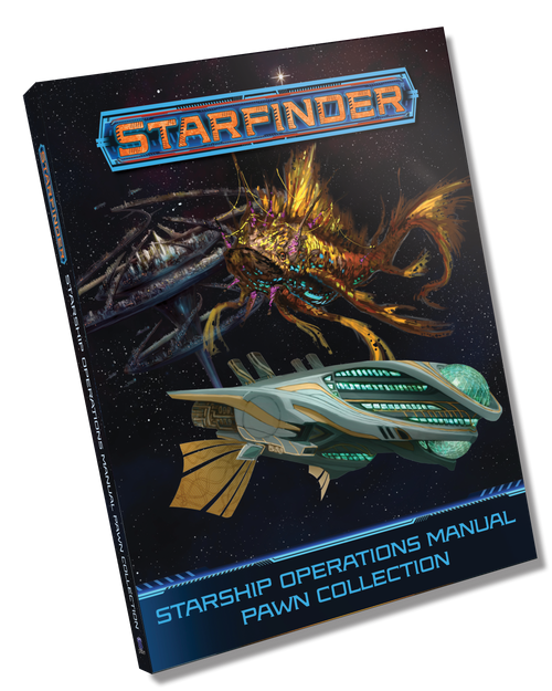 Starfinder Pawns: Starship Operations Manual Pawn Collection. Illustrations depict three starships: one sleek and rounded with lots of glass, one sinister and decrepit, and one is a living starship shaped like a fish.
