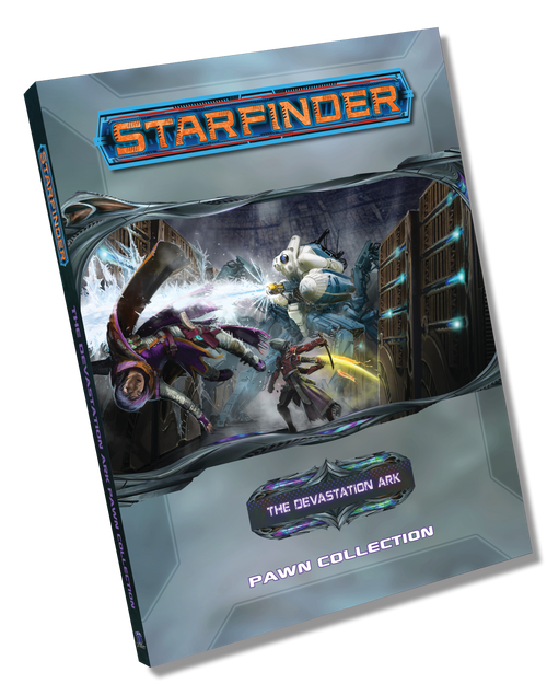 Starfinder Pawns: The Devastation Ark Pawn Collection PDF. A battle scene where adventurers face down a giant robot blasting a beam of ice. One adventurer is hit by the beam and goes flying.