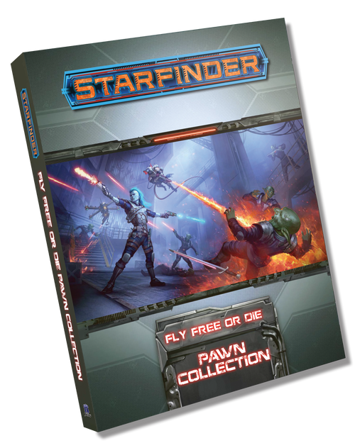 Starfinder Pawns: Fly Free or Die Pawn Collection. A futuristic battle scene with laser guns firing in every direction in a cavernous dark room, with one enemy being taken down by a blast of fire from a flamethrower. 