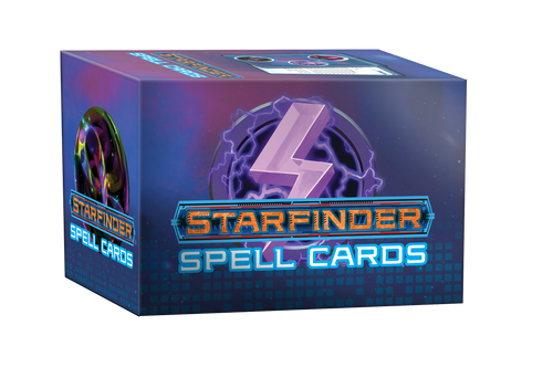 Starfinder Spell Cards. A mockup box with a gradient background and a lightning bolt symbol on the front.